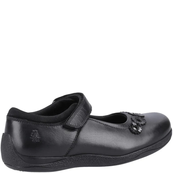 Hush Puppies CHRISTINA JUNIOR Girls Shoes Black side view showing leather upper and touch fasten design.
