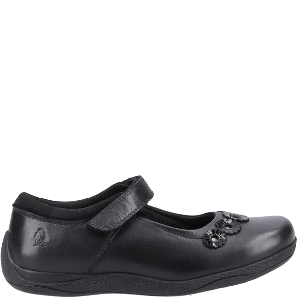 Hush Puppies CHRISTINA JUNIOR Girls Shoes Black side view showcasing leather upper and touch fasten closure.