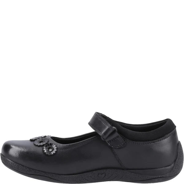 Hush Puppies CHRISTINA JUNIOR Girls Shoes Black side view showcasing leather upper and touch fasten strap.