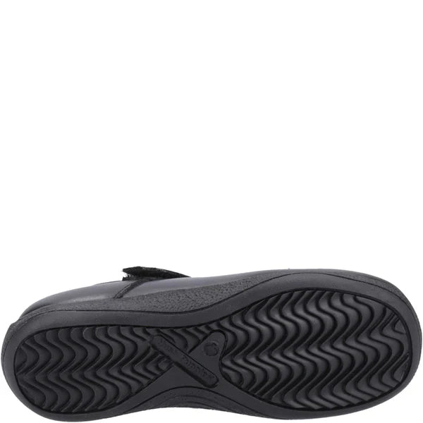 Hush Puppies CHRISTINA JUNIOR Girls Shoes Black bottom view showing durable sole and touch fasten design.