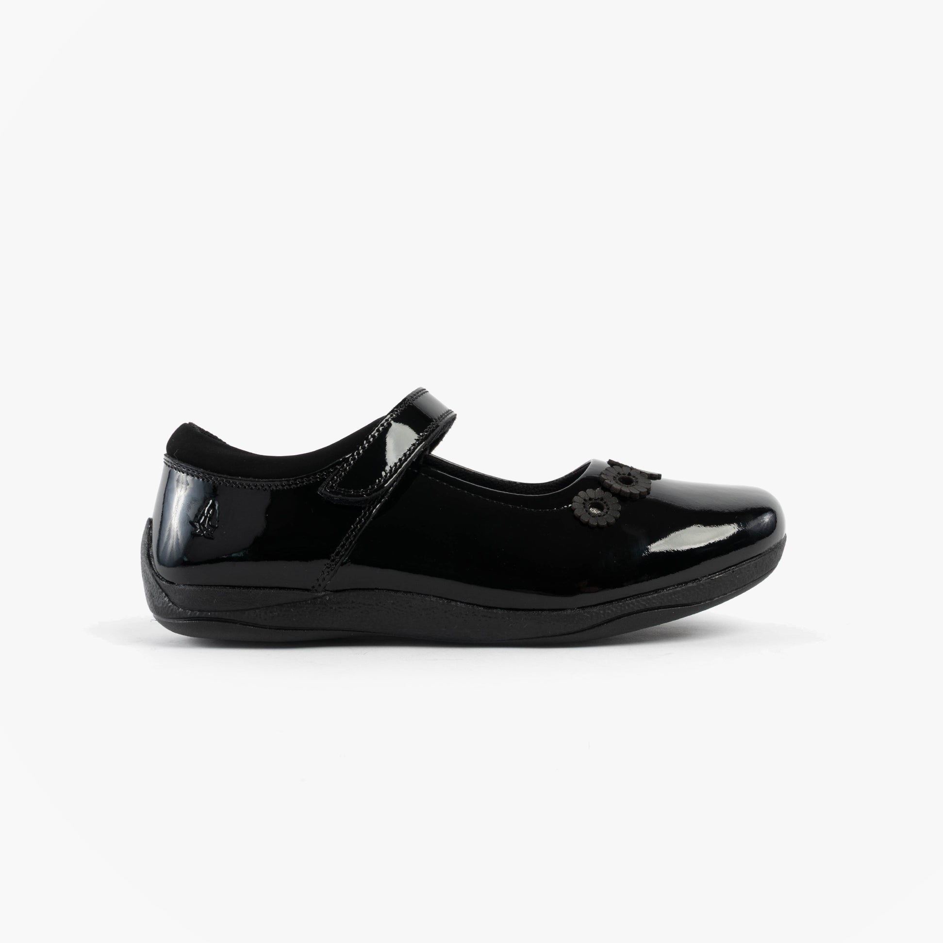 Hush Puppies CHRISTINA PATENT JUNIOR Girls Shoes Black side view showcasing patent leather upper and touch fastening.