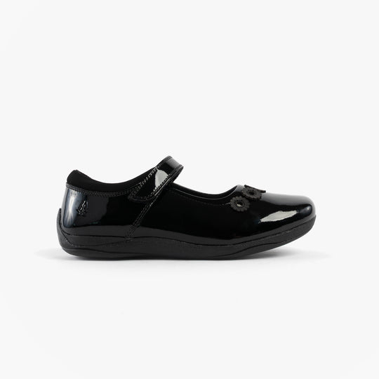 Hush Puppies CHRISTINA PATENT JUNIOR Girls Shoes Black side view showcasing patent leather upper and touch fastening.