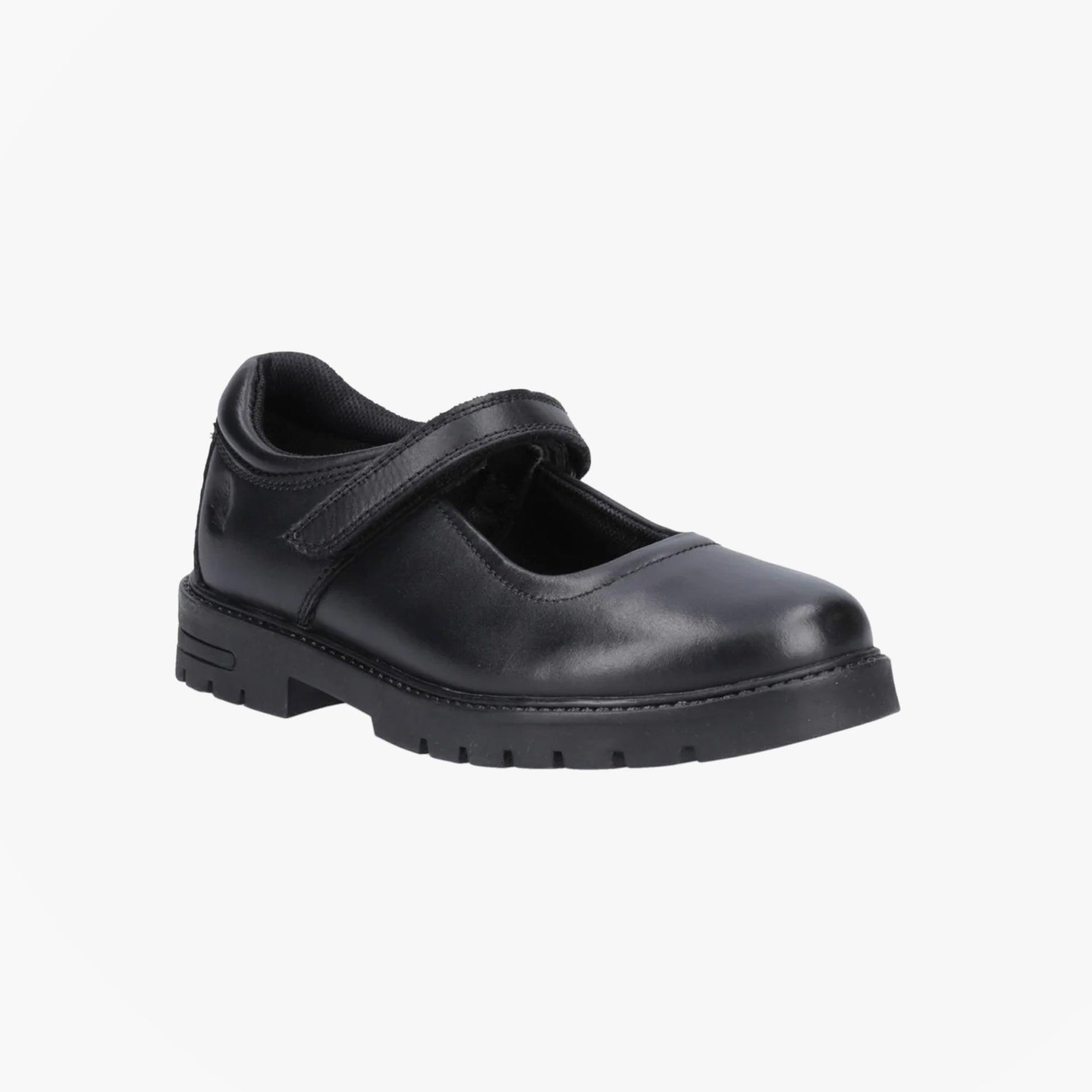 Hush Puppies TANYA Girls Leather School Shoes Black side view showing the round toe and touch fasten closure.