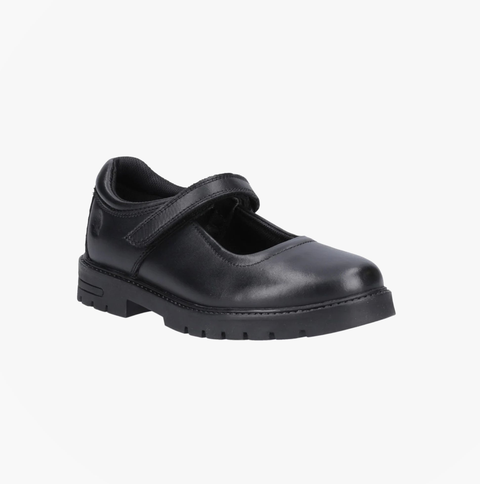 Hush Puppies TANYA Girls Leather School Shoes Black side view showing the round toe and touch fasten closure.