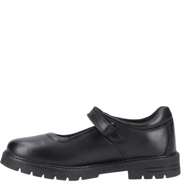 Hush Puppies TANYA Girls Leather School Shoes Black side view showing round toe and touch fasten closure.