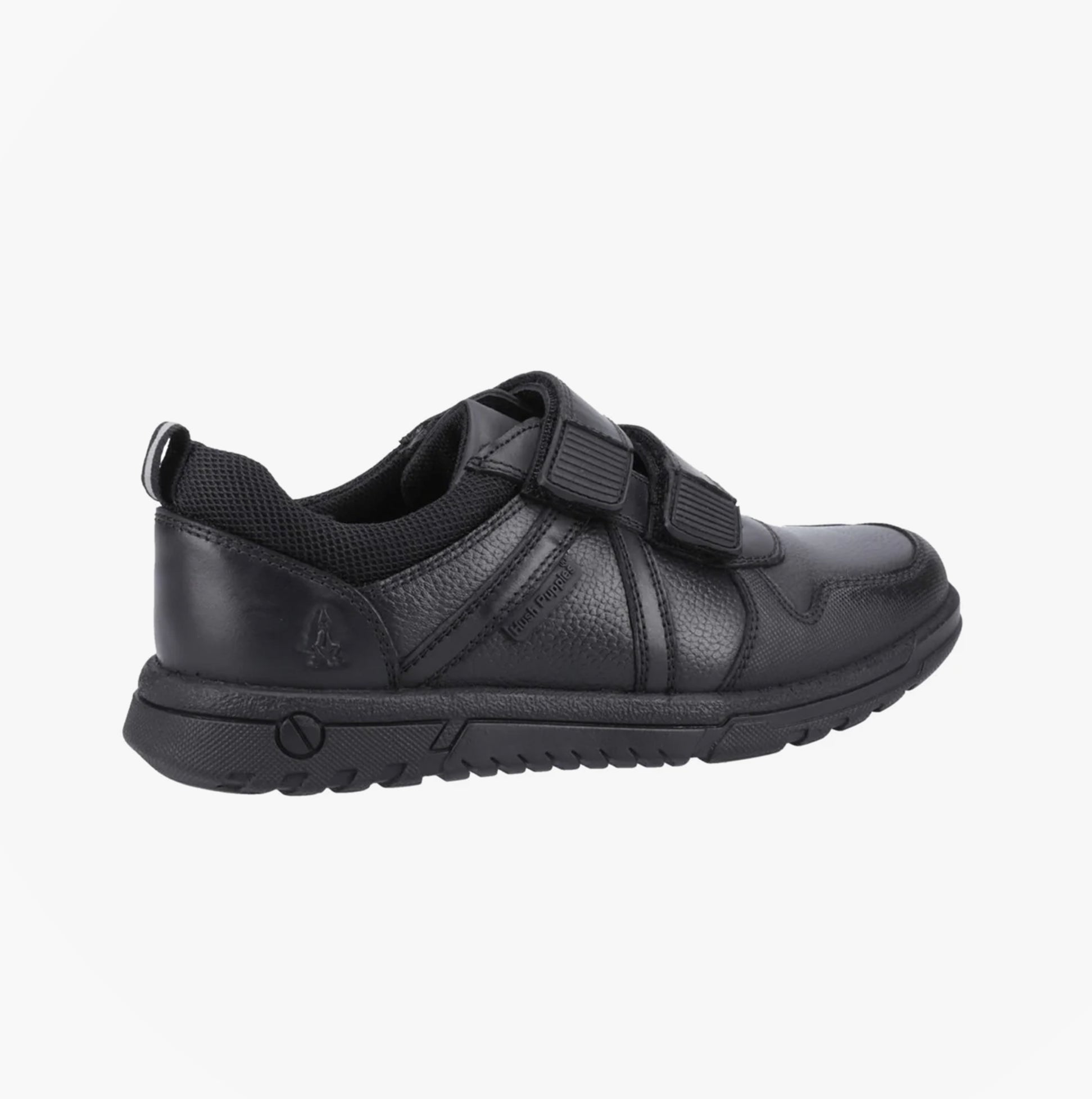 Hush Puppies SPENCER Boys Shoes Black side view showcasing leather upper and touch fasten closure.