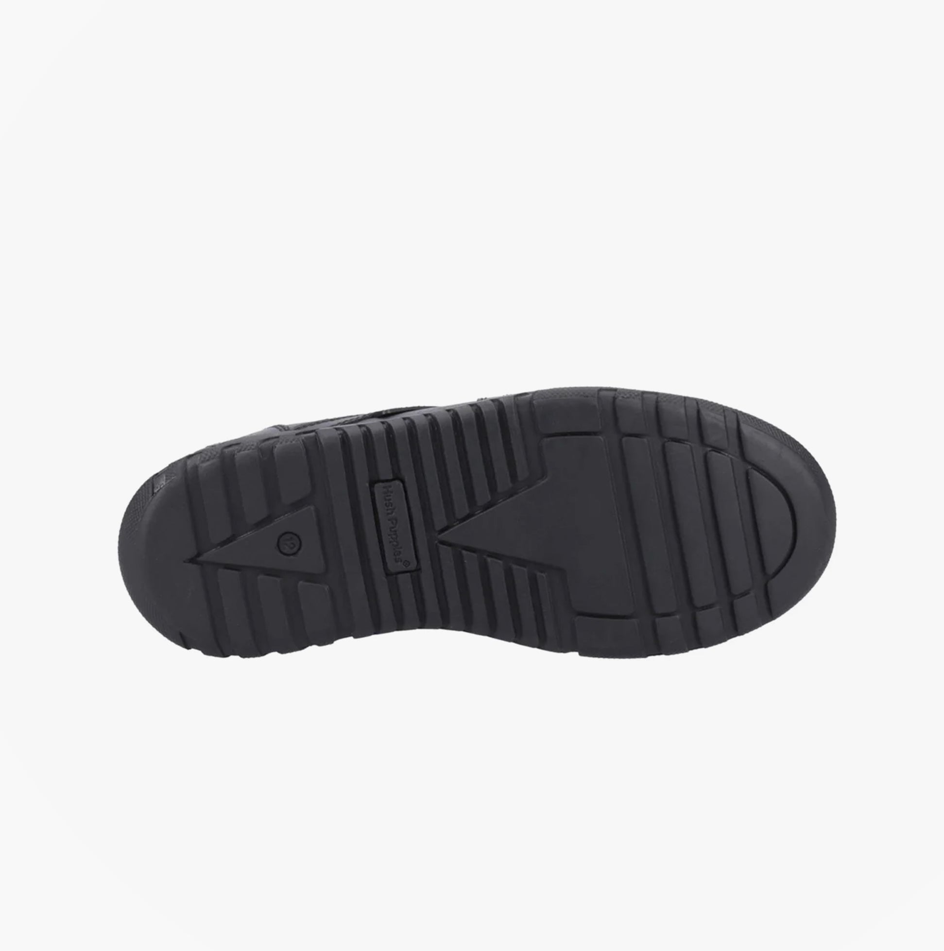 Bottom view of Hush Puppies SPENCER Boys Shoes Black showing the rubber sole design and traction.