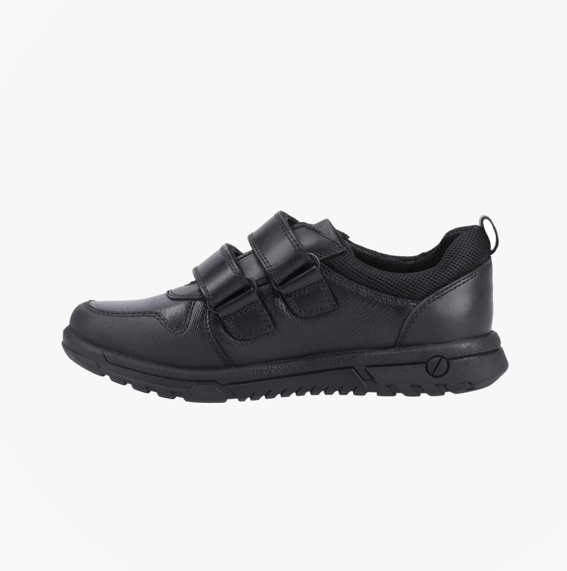 Hush Puppies SPENCER Boys Shoes Black side view featuring leather upper, touch fasten closure, and rubber sole.