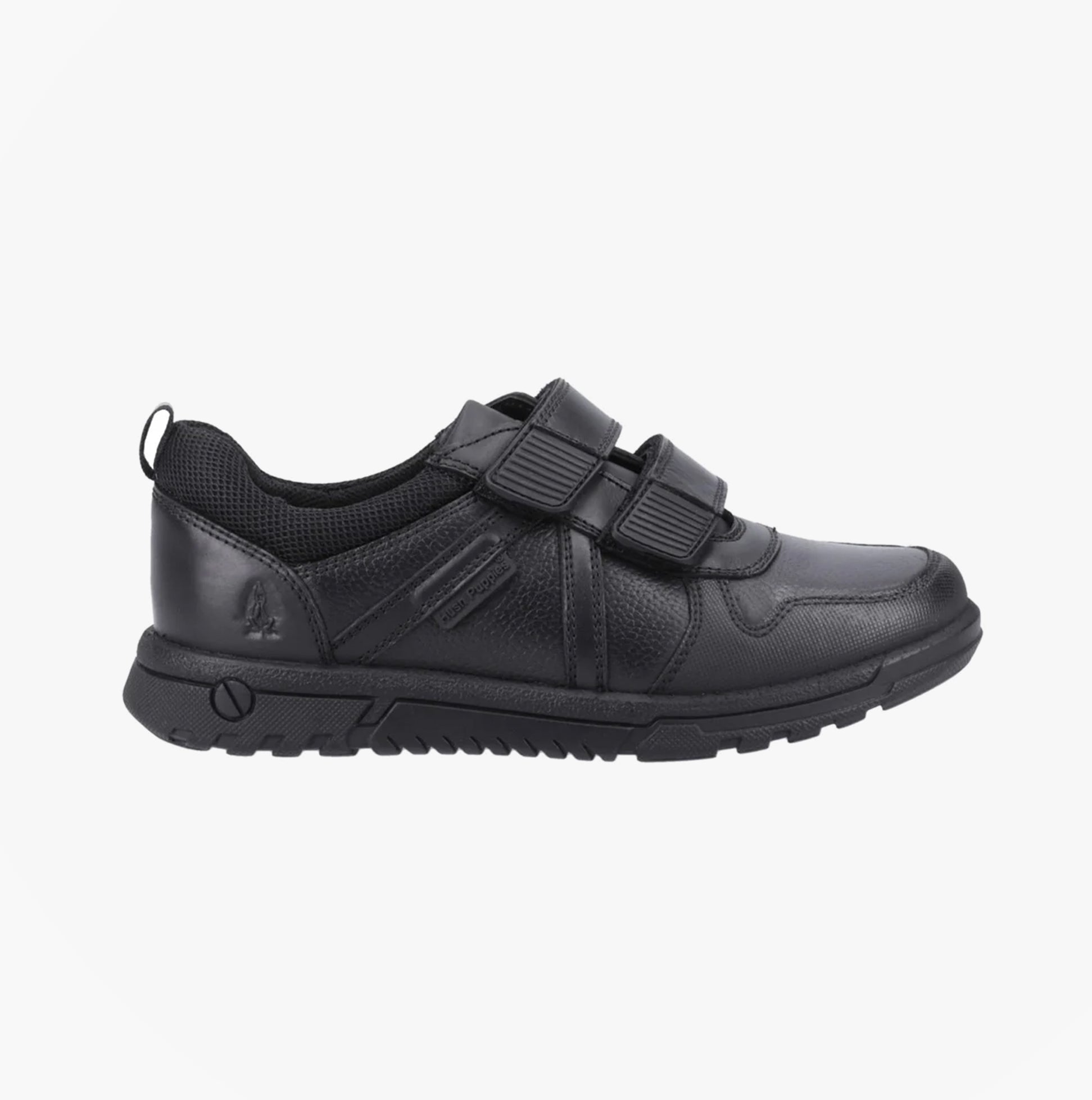 Hush Puppies SPENCER Boys Shoes Black side view featuring leather upper, touch fasten closure, and rubber sole.
