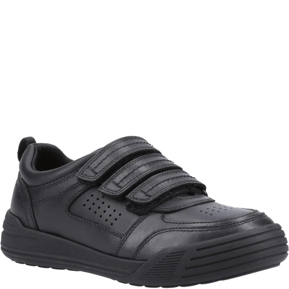 Hush Puppies SCOTT SENIOR Boys Shoes Black side view showing leather upper, touch fasten closures, and low-top design.