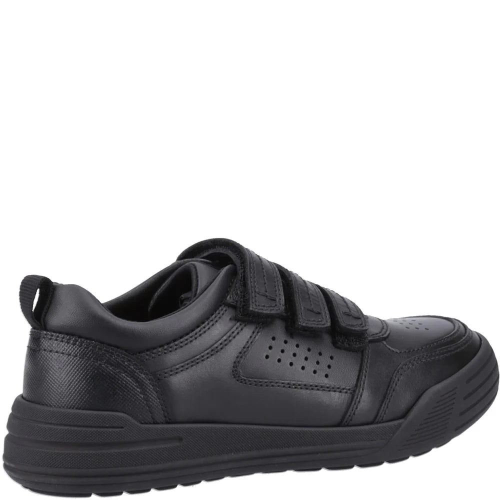 Hush Puppies SCOTT SENIOR Boys Shoes Black side view showing leather upper, touch fasten straps, and rubber sole.