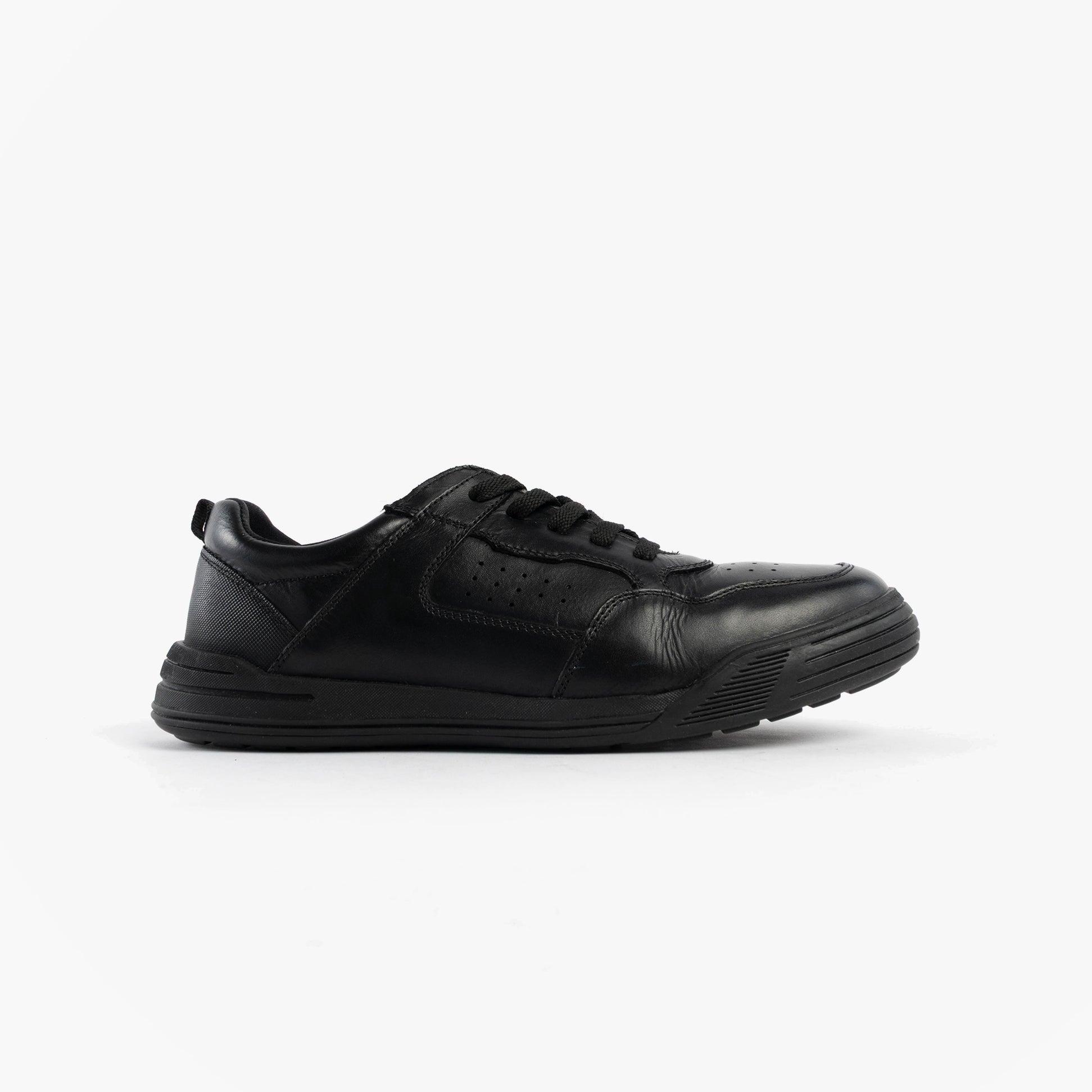 Hush Puppies SHANE SENIOR Boys Shoes Black side view featuring leather upper, lace-up closure, and flat sole.