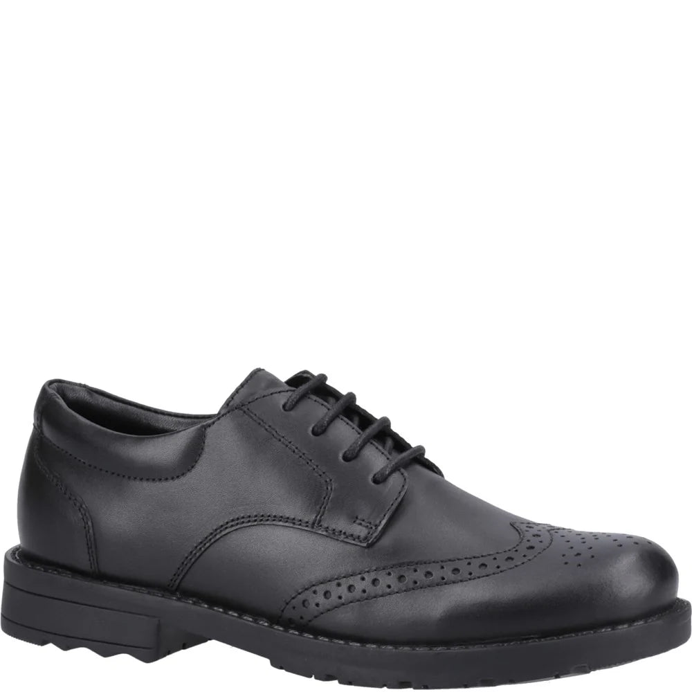 Hush Puppies BRIAN SENIOR Boys Shoes Black side view showcasing leather upper and lace-up closure.