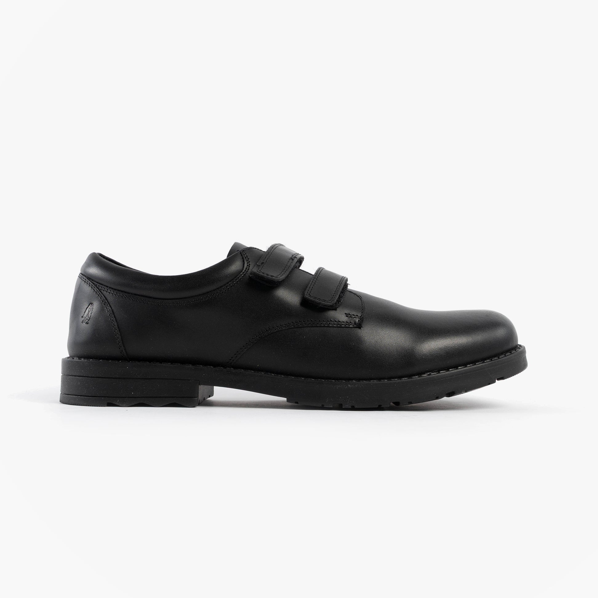 Hush Puppies BARRY Boys School Shoes Black side view showcasing leather upper and touch fastening closure.