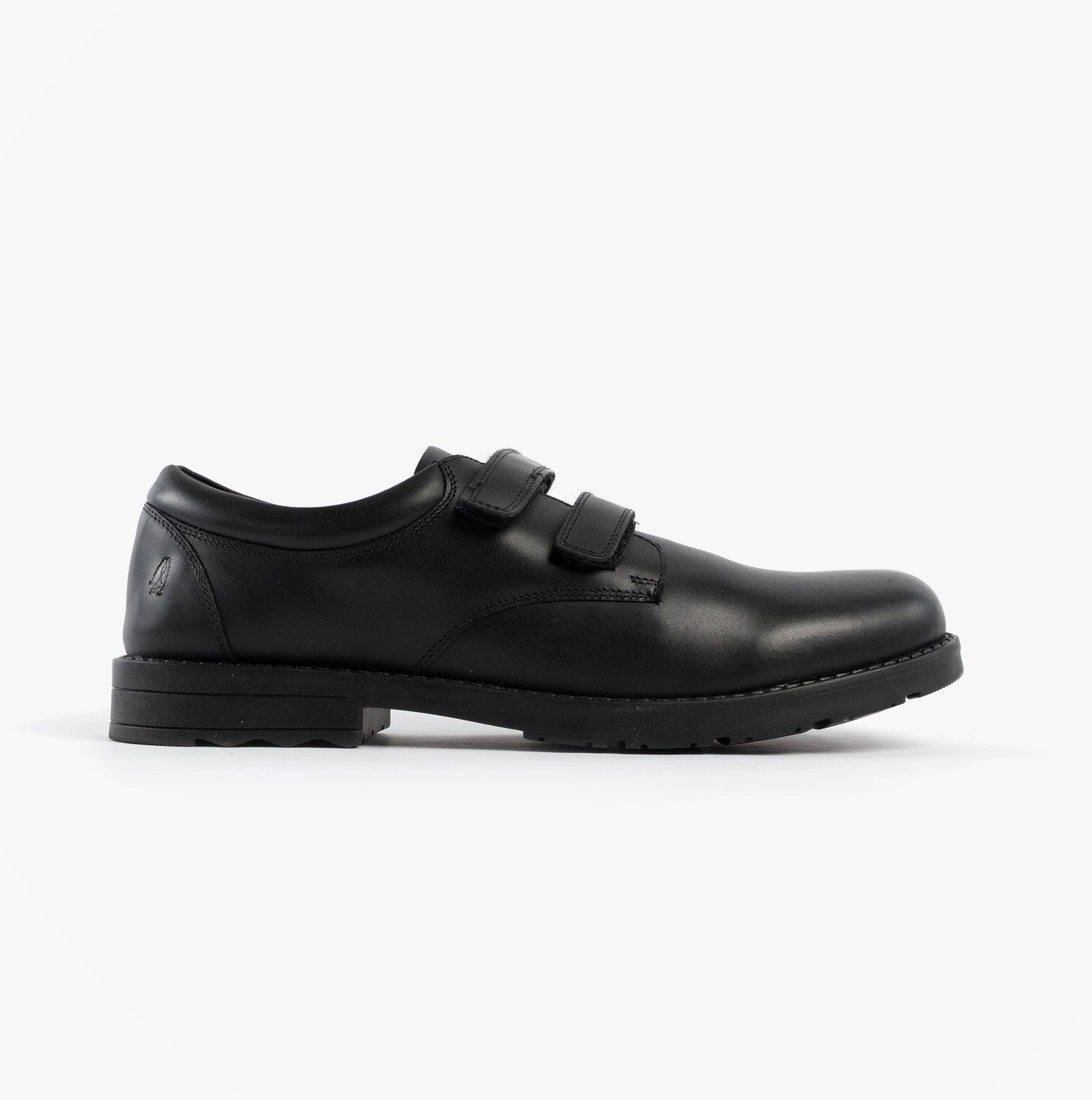 Hush Puppies BARRY Boys School Shoes Black side view showcasing leather upper and touch fastening closure.