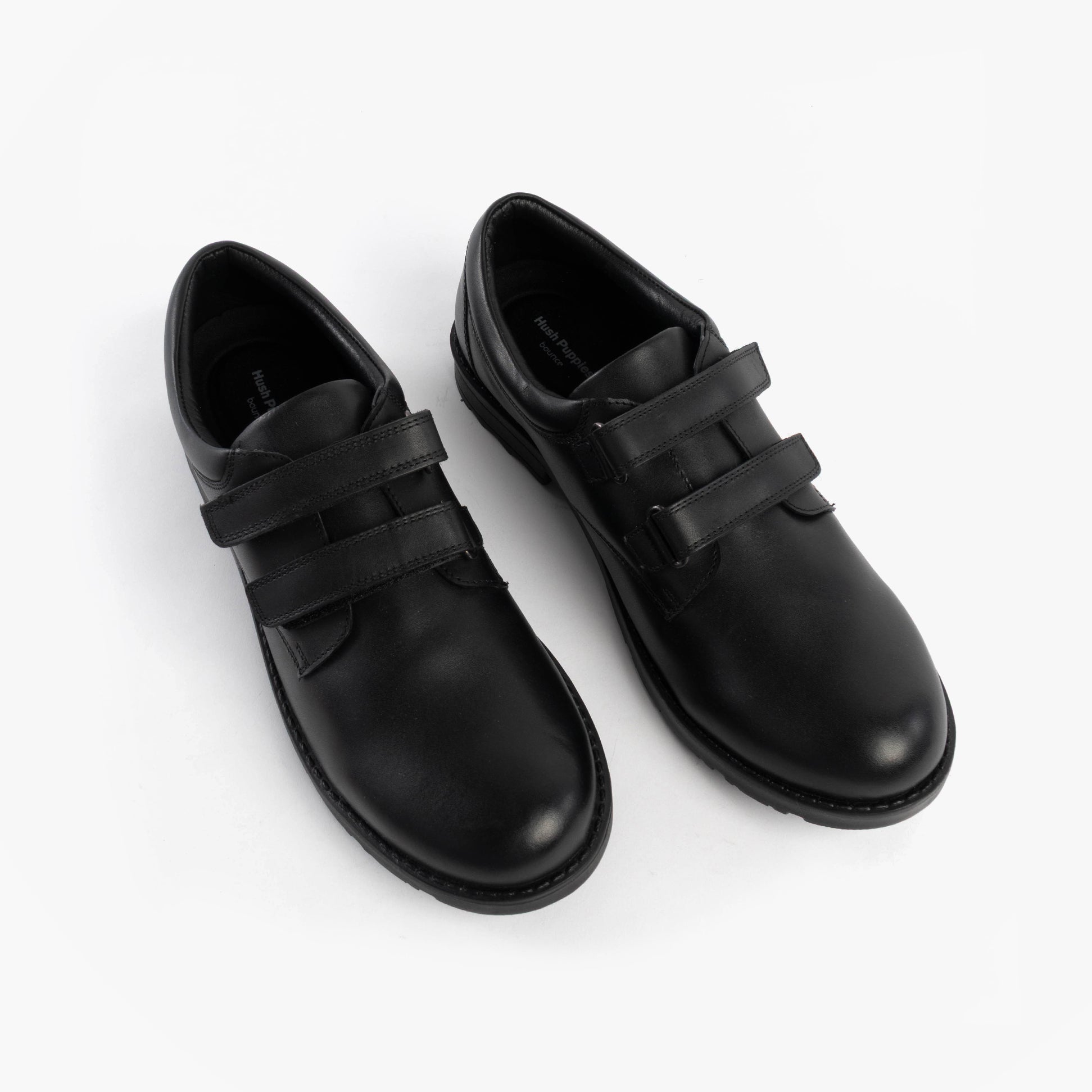 Hush Puppies BARRY Boys School Shoes Black top view showing leather upper and touch fasten straps.