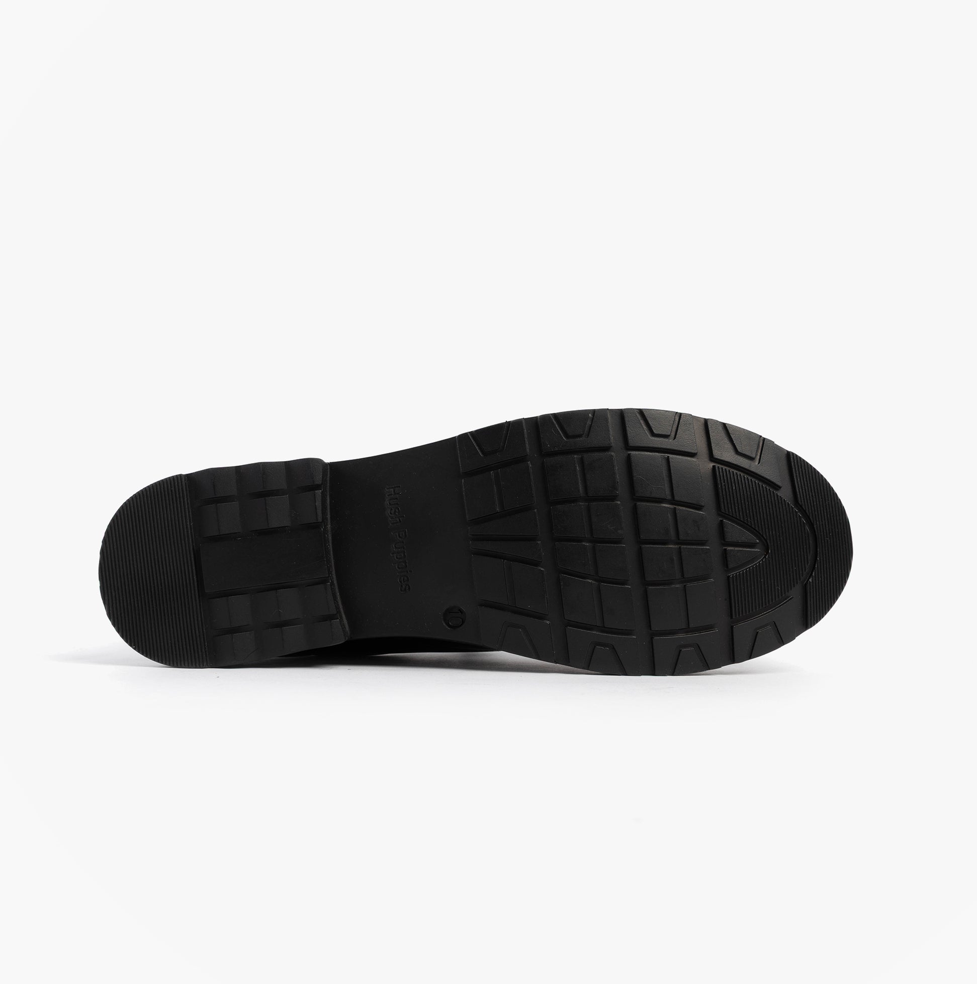 Hush Puppies BARRY Boys School Shoes Black bottom view showing rubber sole and tread pattern.