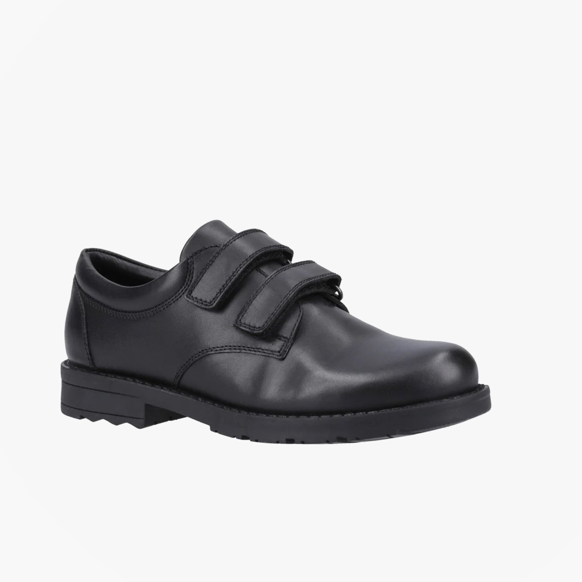 Hush Puppies BARRY Boys Leather School Shoes Black side view featuring touch fastening and round toe.