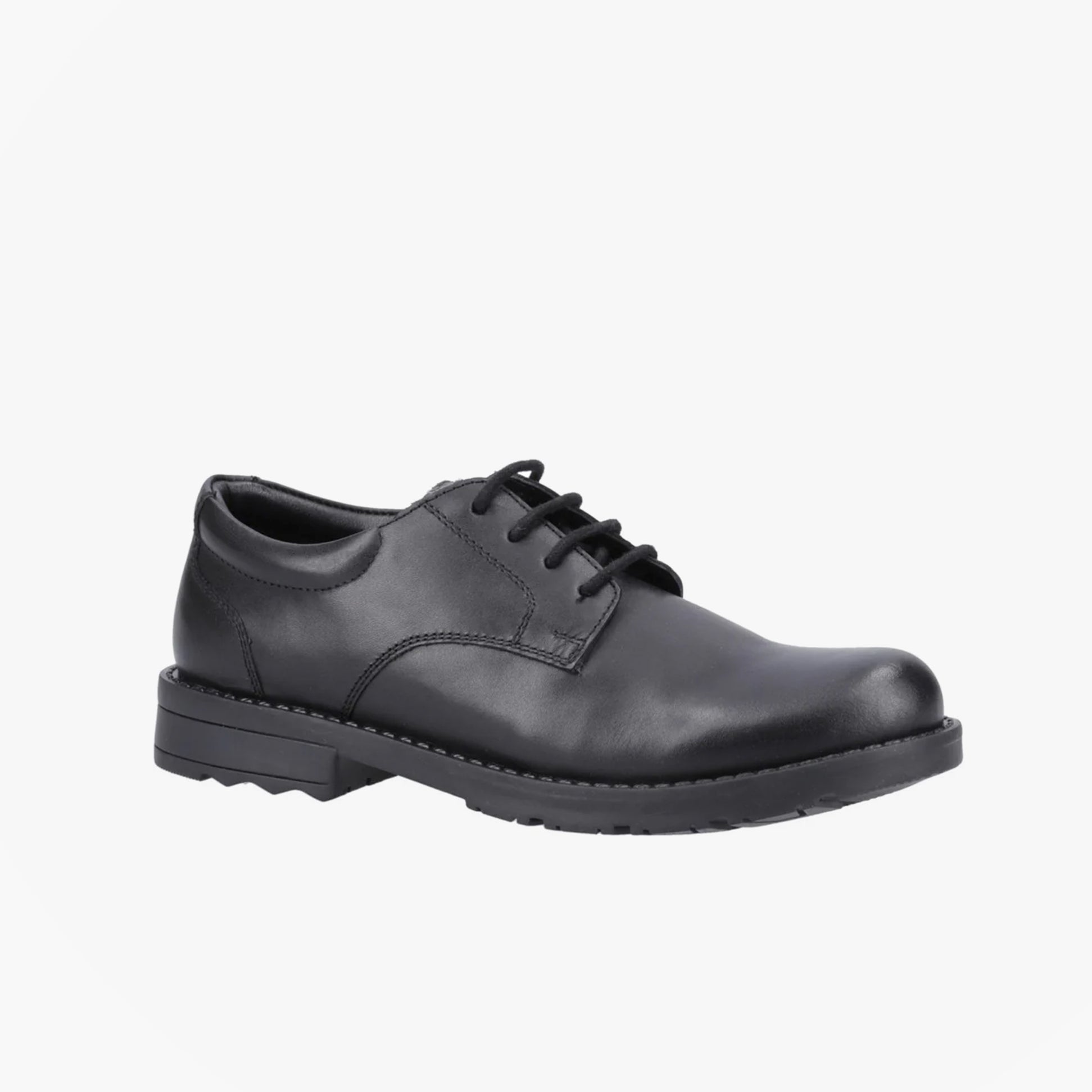 Hush Puppies BRUNO Boys Leather School Shoes Black side view showing lace-up closure and round toe design.