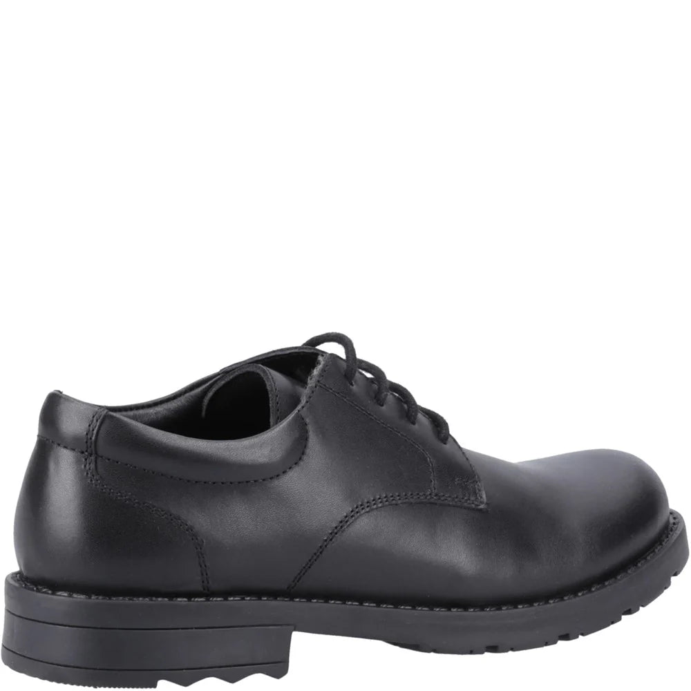 Hush Puppies BRUNO Boys Leather School Shoes Black side view showing the sleek leather design and lace-up closure.
