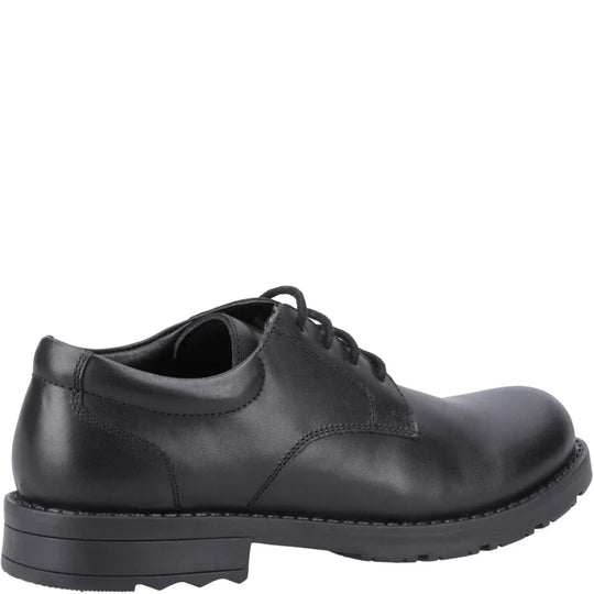 Hush Puppies BRUNO Boys Leather School Shoes Black side view showing the sleek leather design and lace-up closure.