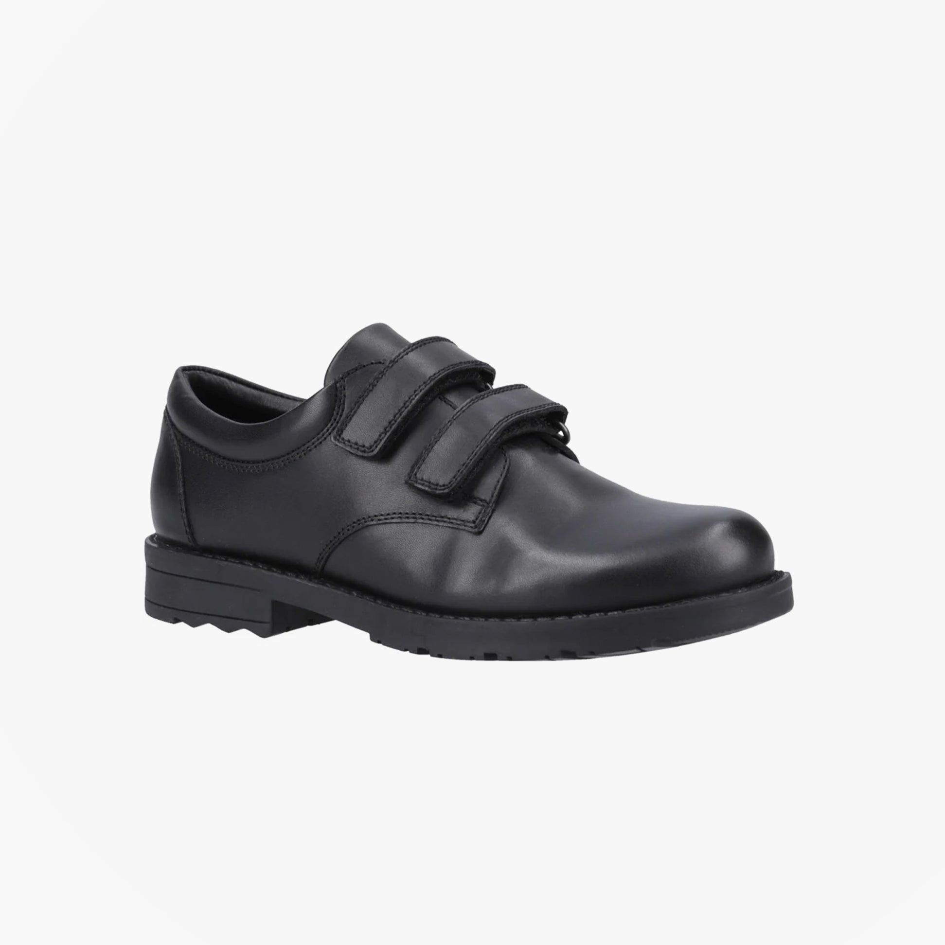 Hush Puppies BARRY Boys School Shoes Black side view showing leather upper and touch fasten straps.
