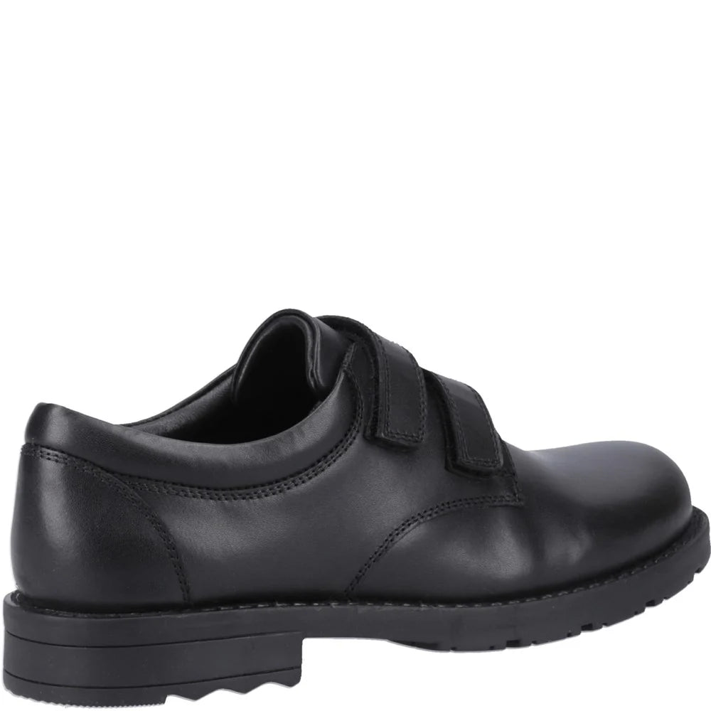 Hush Puppies BARRY Boys School Shoes Black side view showing leather upper and touch fasten design.
