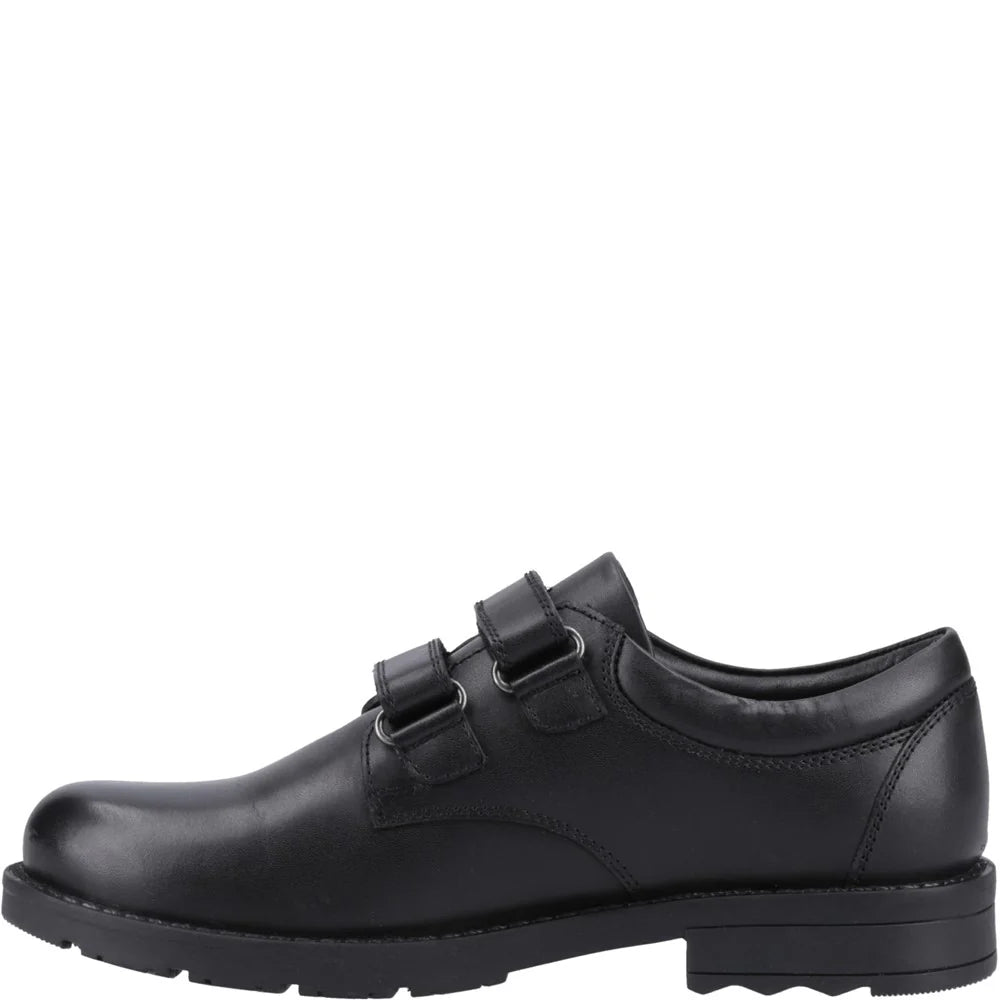 Hush Puppies BARRY Boys School Shoes Black side view with touch fasten closure and rubber sole.
