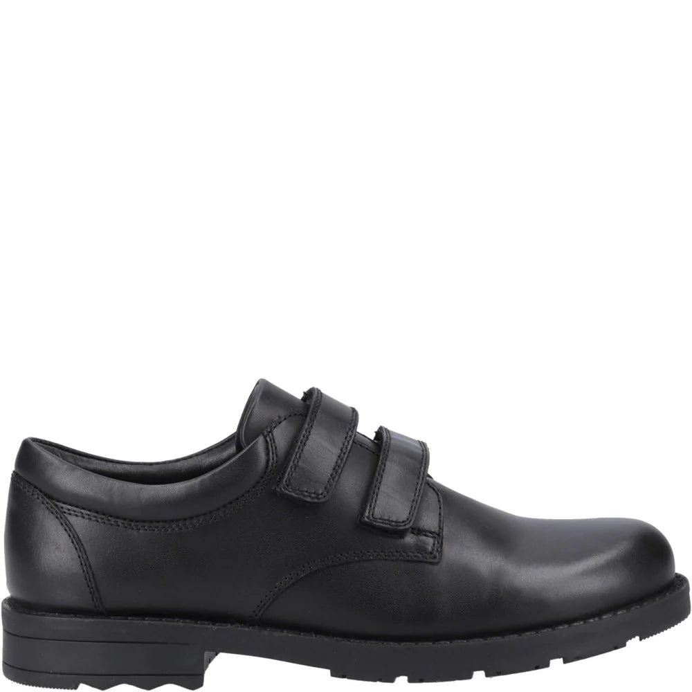 Hush Puppies BARRY Boys School Shoes Black side view showing leather upper and touch fasten closure.