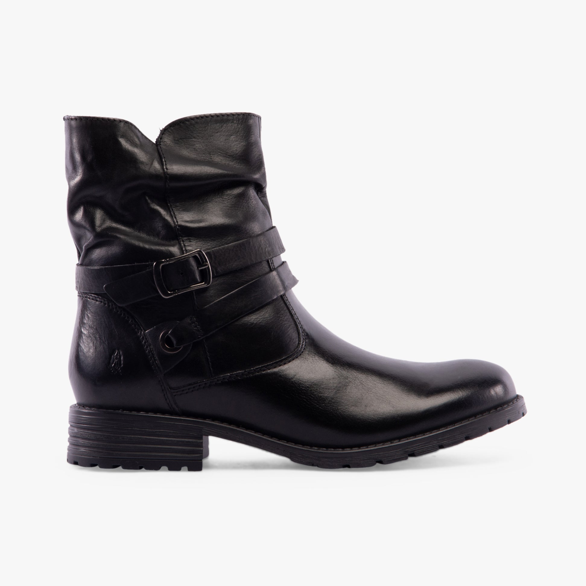 Hush Puppies PIPER Womens Boots Black side view with zip closure and block heel, showcasing leather upper and textile lining.