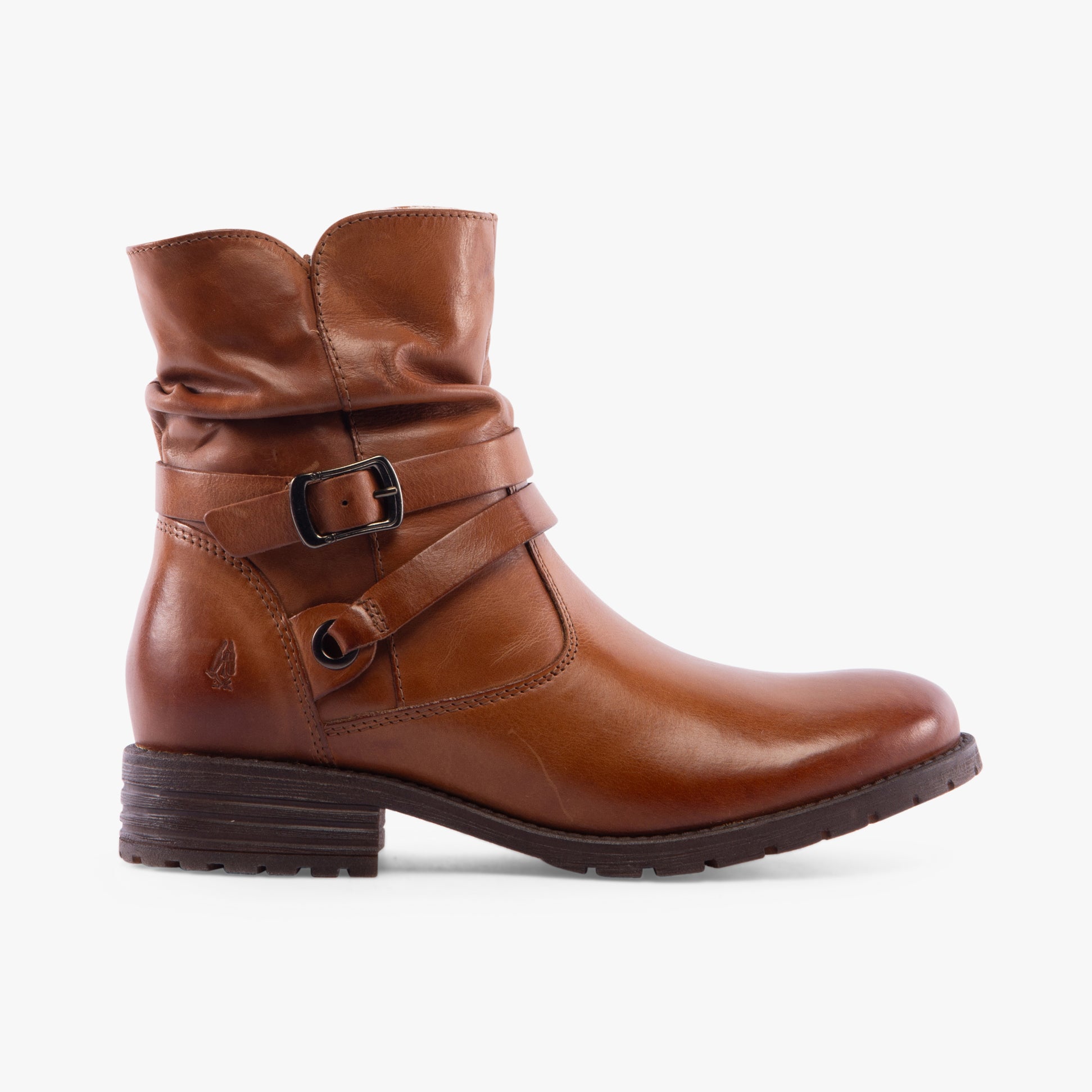 Hush Puppies PIPER Womens Boots Tan side view featuring leather upper, zip closure, and block heel design.