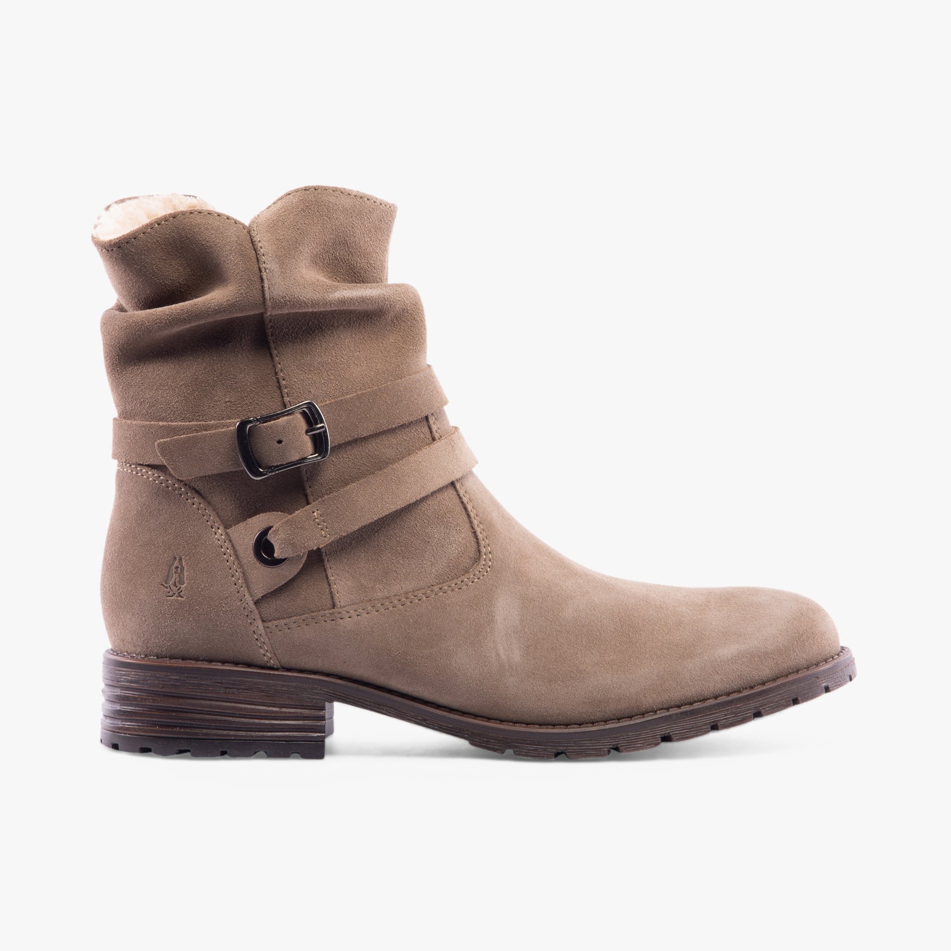 Hush Puppies PIPER Womens Boots Taupe side view featuring a mid calf design with a round toe and block heel.