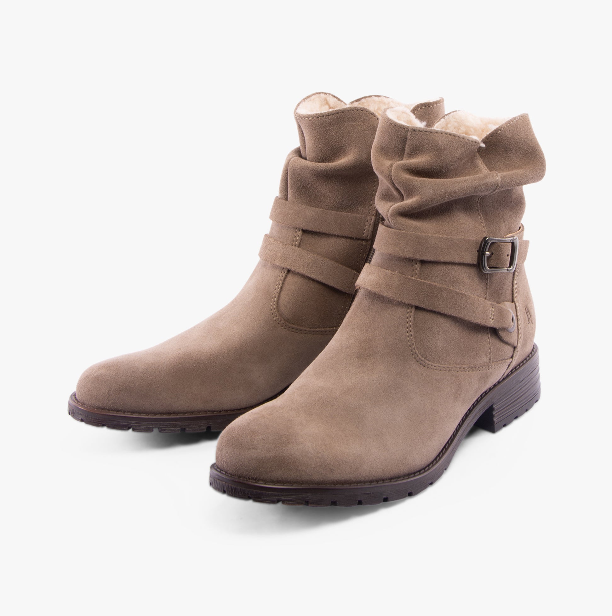 Hush Puppies PIPER Womens Boots Taupe side view showcasing mid calf style with buckle detail and soft lining.