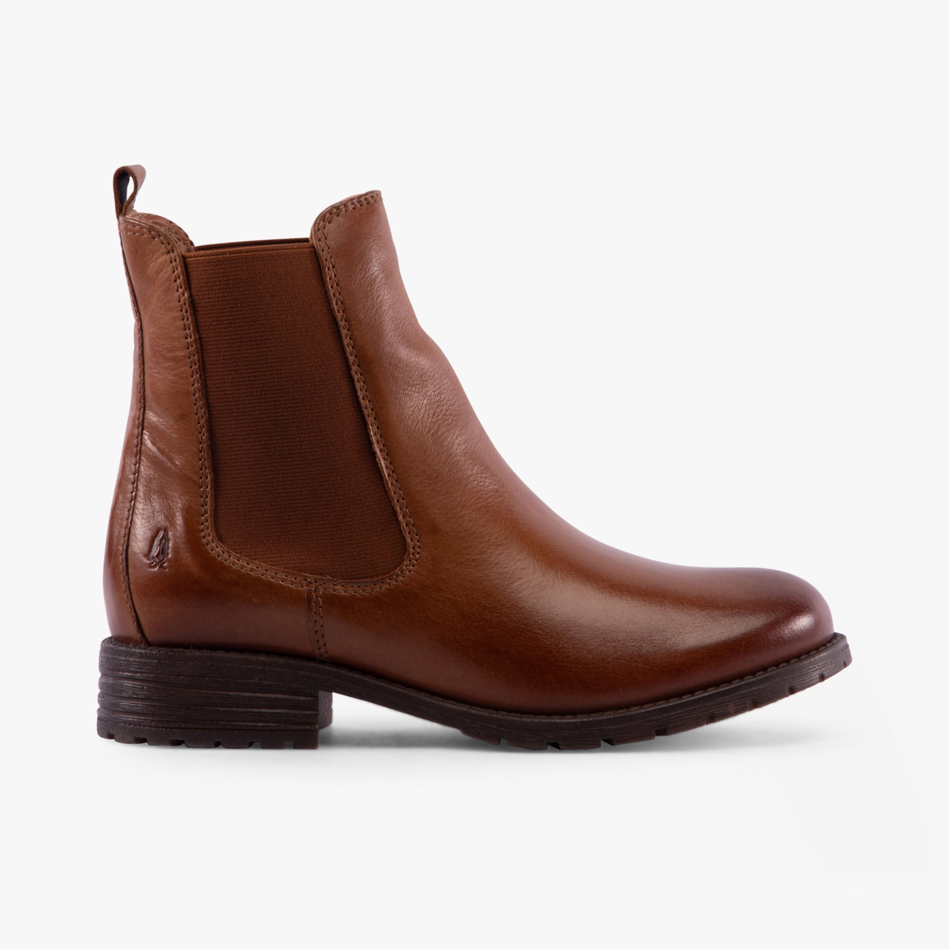 Hush Puppies PRIYA Womens Boots Tan side view showing leather upper, ankle height, block heel, and elastic side panels.