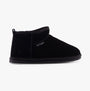 Hush Puppies ASHANTI Womens Slippers Black side view showing the soft suede upper and round toe design.