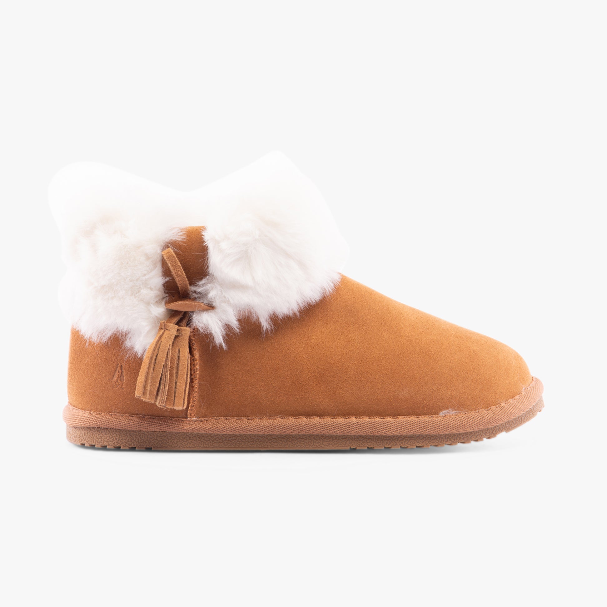 Hush Puppies AYANA Womens Slippers Tan side view, showcasing suede upper and faux fur lining.