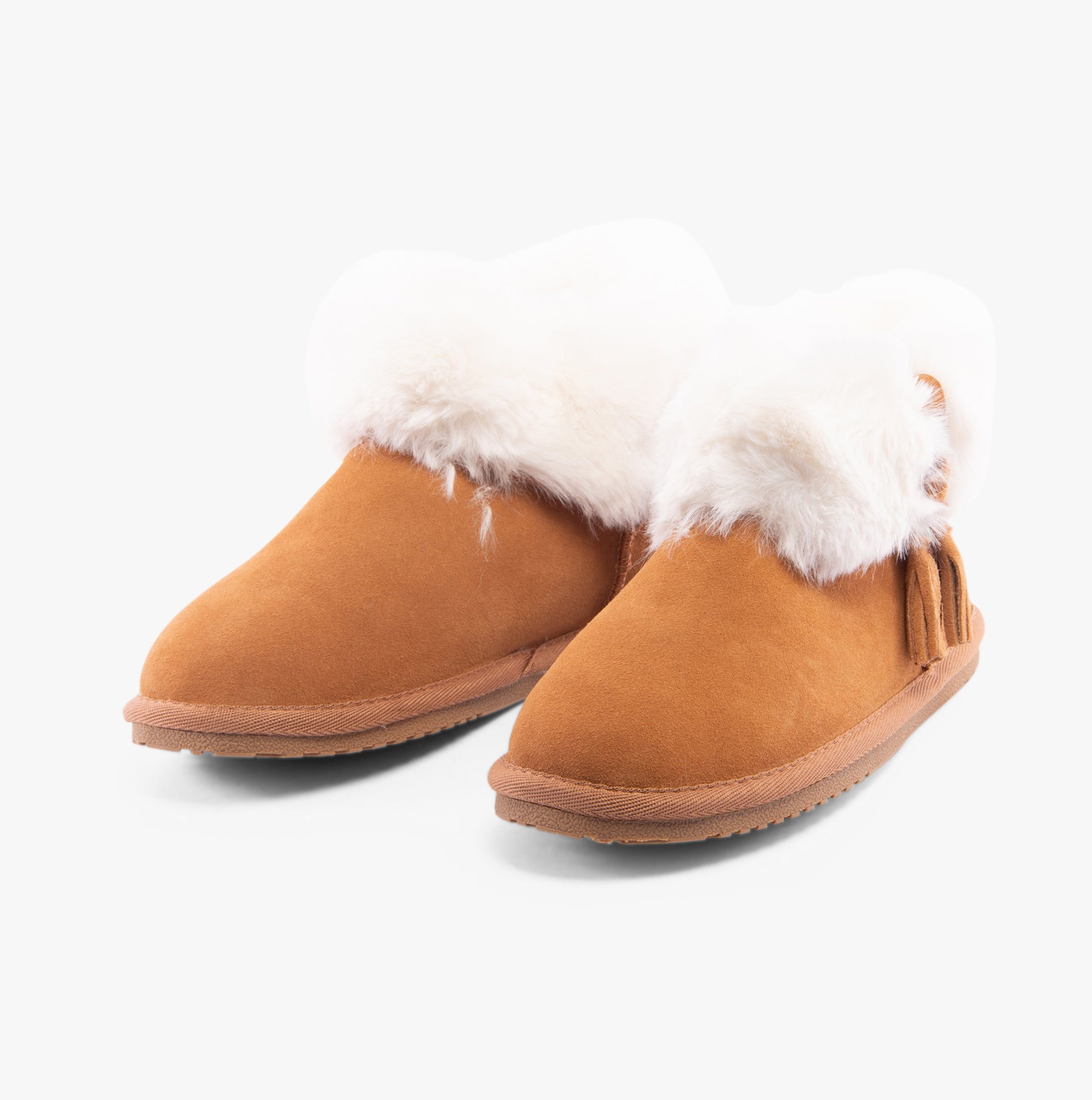 Hush Puppies AYANA Womens Slippers Tan side view featuring suede upper and faux fur lining, comfortable slip-on design.