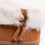 Hush Puppies AYANA Womens Slippers Tan detail view showcasing faux fur collar and suede material.