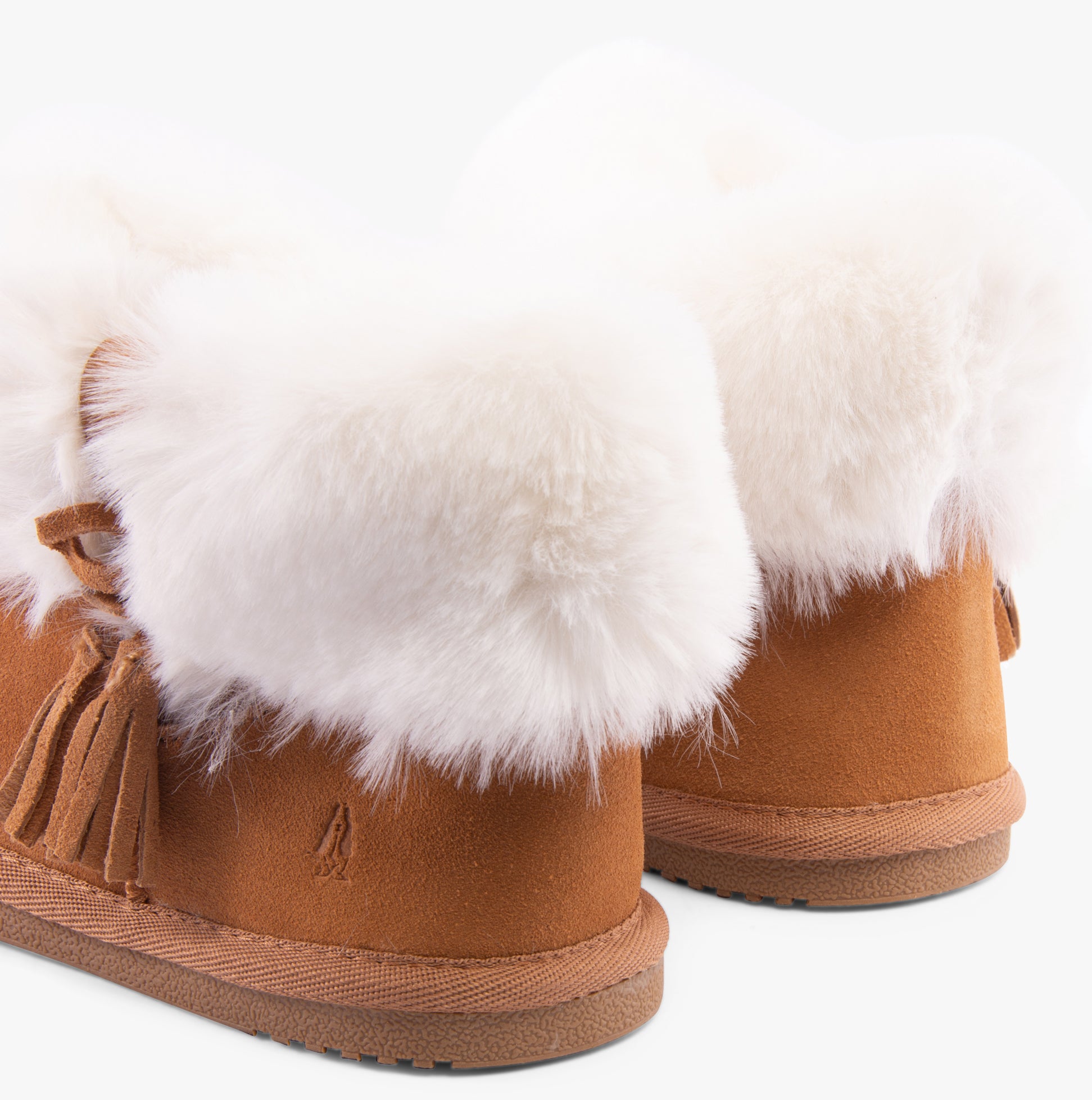 Hush Puppies AYANA Womens Slippers Tan back view showcasing faux fur collar and suede upper design.