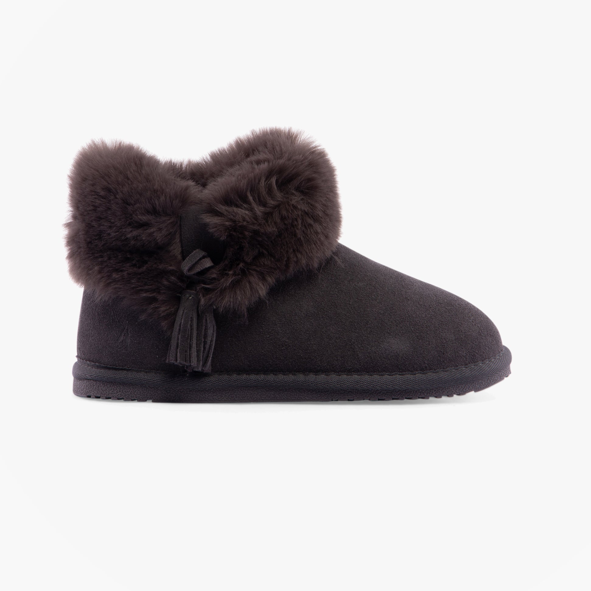 Hush Puppies AYANA Womens Slippers Grey side view showing suede upper and faux fur lining.