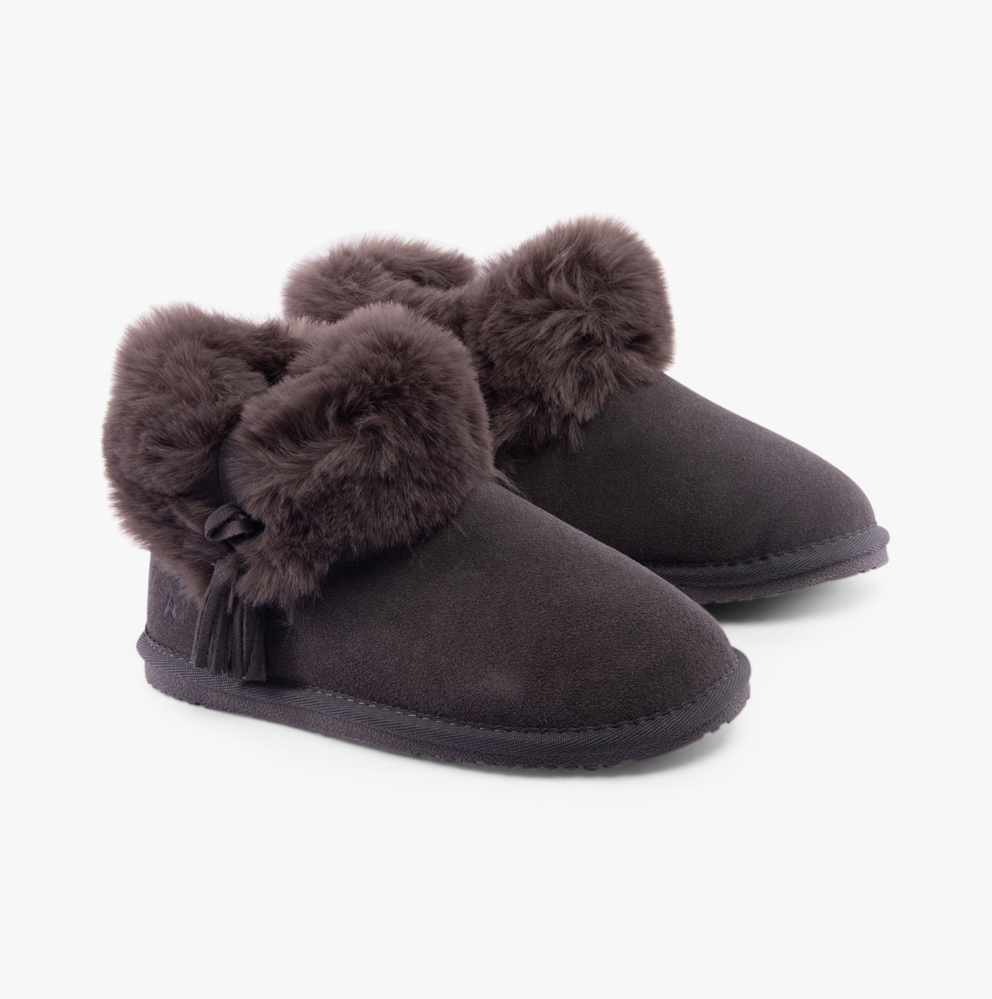 Hush Puppies AYANA Womens Slippers Grey side view showcasing suede upper and faux fur lining.