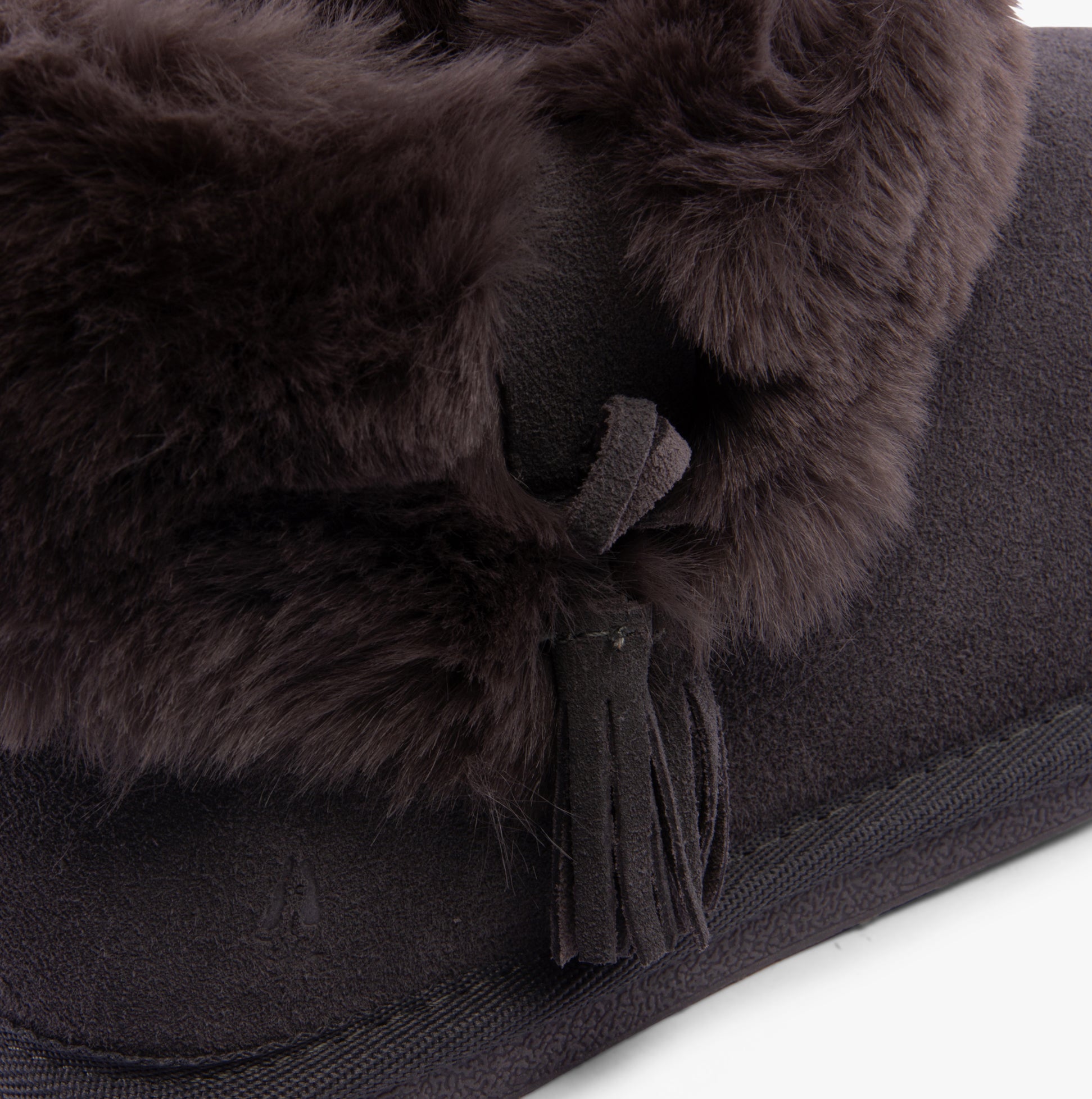 Hush Puppies AYANA Womens Slippers Grey detail view showing faux fur lining and suede upper.