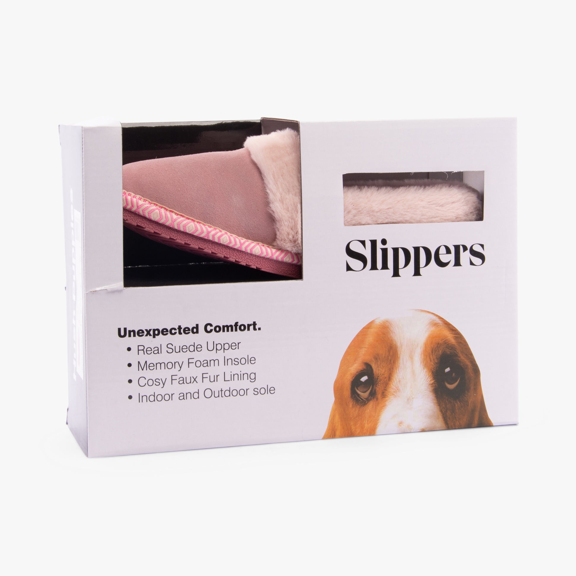 Hush Puppies ARIEL Womens Slippers Blush in gift box with details on suede upper and faux fur lining, side view.