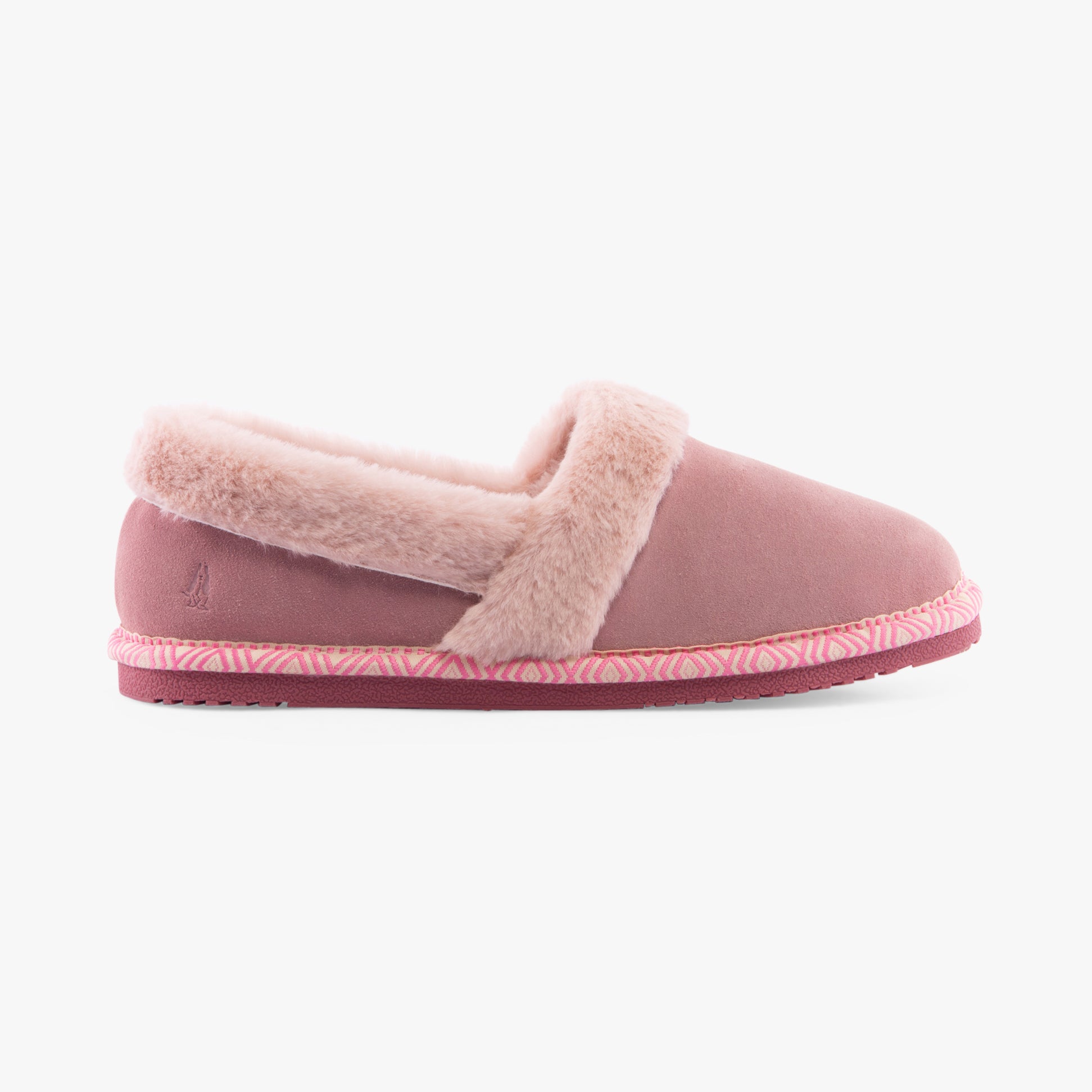 Hush Puppies ARIEL Womens Slippers Blush side view showcasing suede upper and faux fur lining.