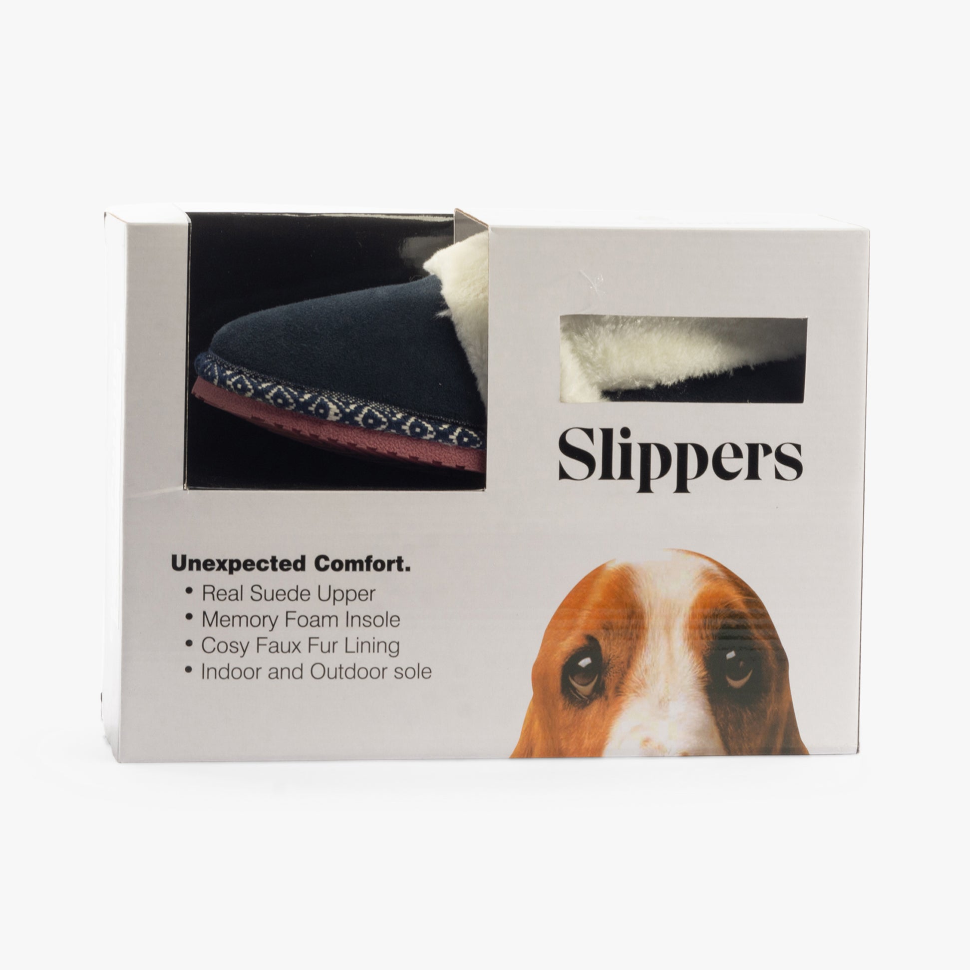 Hush Puppies ARIEL Womens Slippers Navy packaging view showing suede upper, memory foam insole, and faux fur lining.