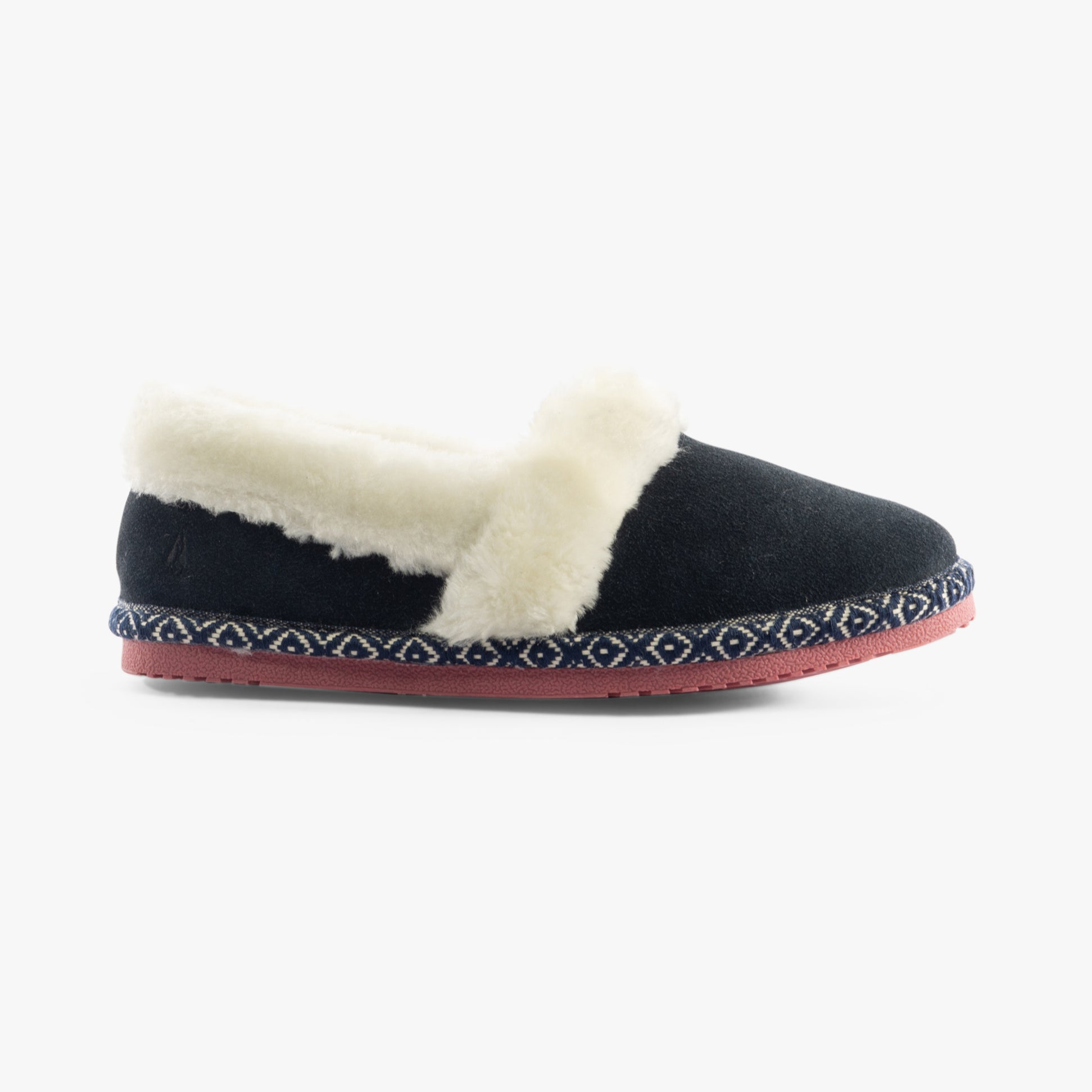Hush Puppies ARIEL Womens Slippers Navy side view featuring suede upper and faux fur lining.