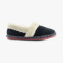 Hush Puppies ARIEL Womens Slippers Navy side view featuring suede upper and faux fur lining.