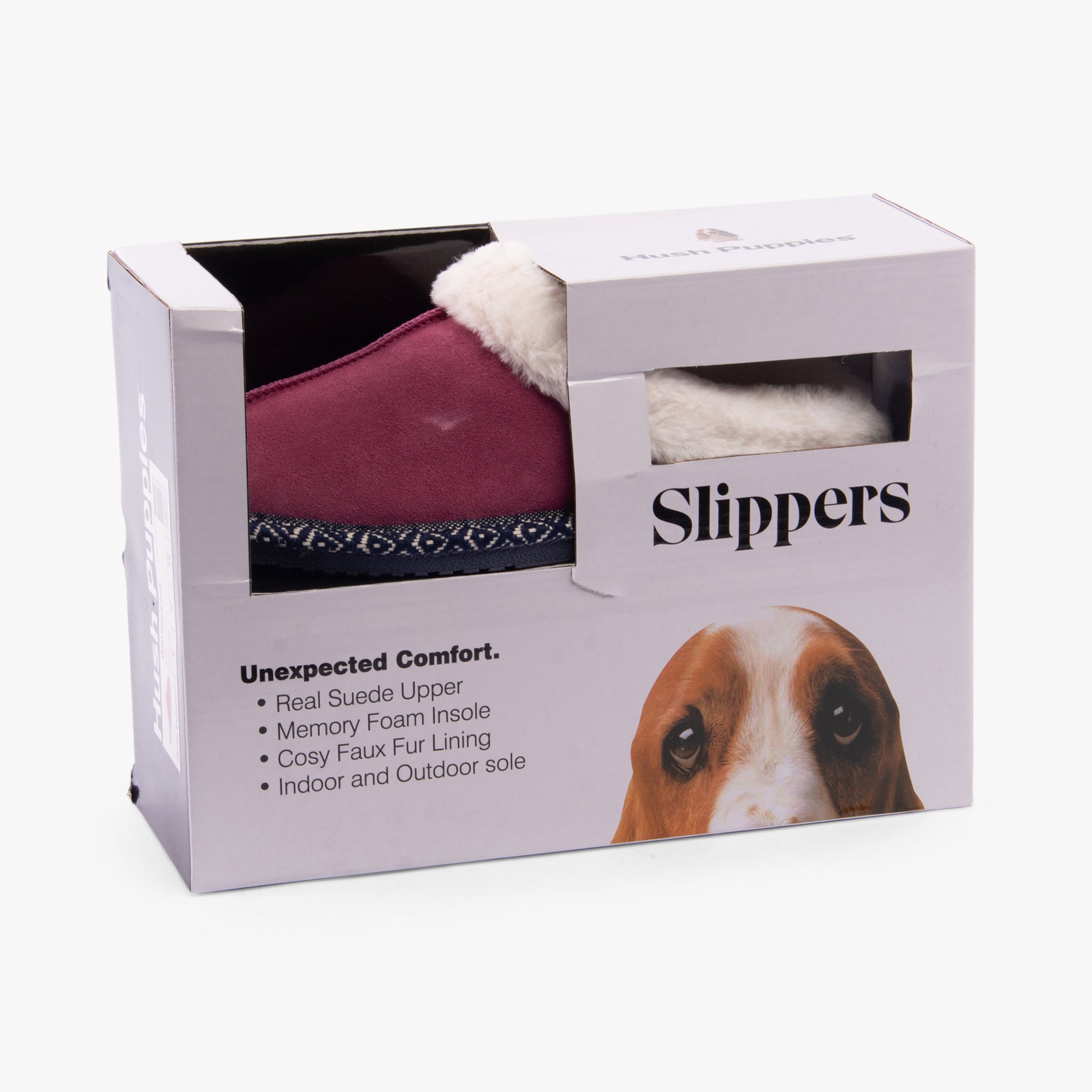 Hush Puppies AMARA Womens Slippers Pink side view in box with suede upper and faux fur lining.