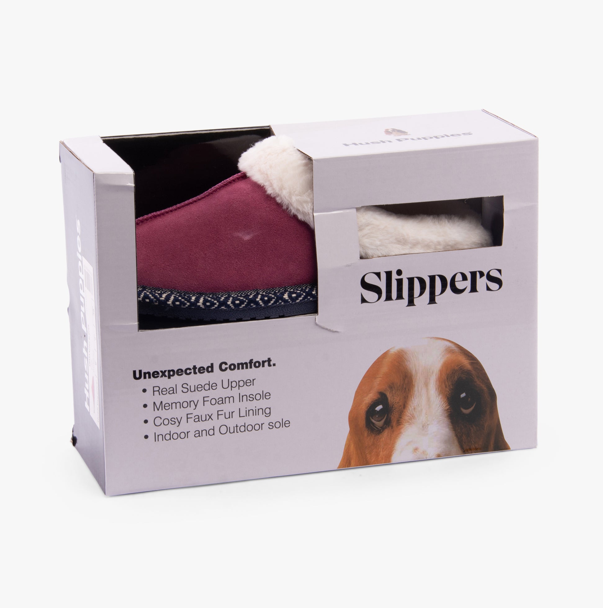Hush Puppies AMARA Womens Slippers Pink side view in box with suede upper and faux fur lining.