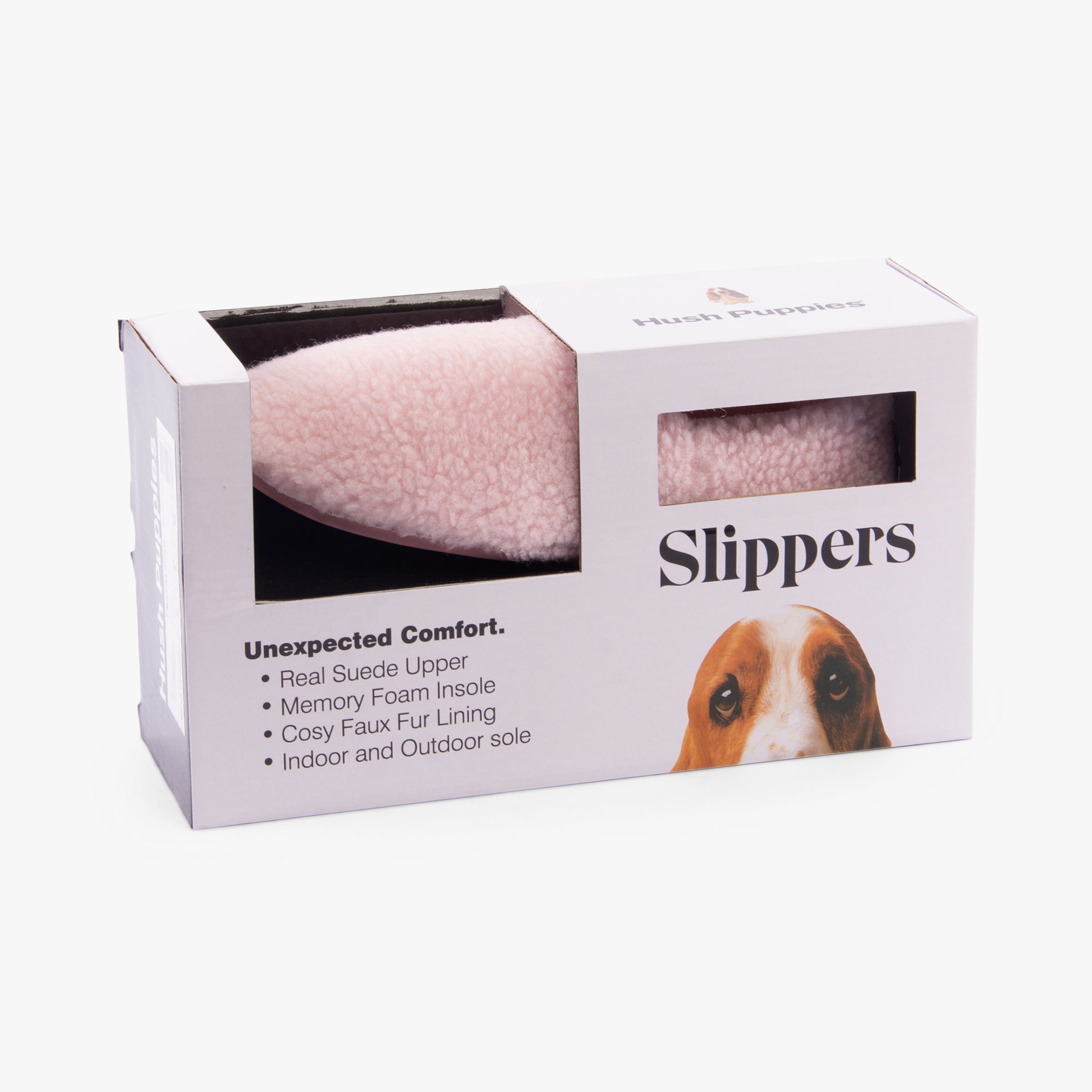 Hush Puppies EMILY Womens Slippers Blush in gift box displaying real suede upper and memory foam insole.